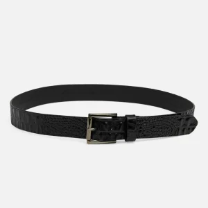 Croc Embossed Italian Leather Belt in Black