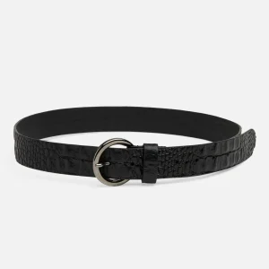 Croc Embossed Italian Leather Belt in Black