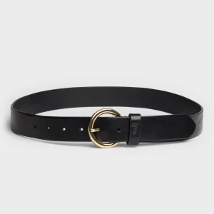 Round Buckle Italian Leather Belt in Black