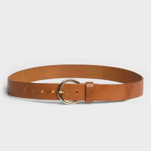 Round Buckle Italian Leather Belt in Natural