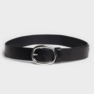 Oval Buckle Italian Leather Belt in Black