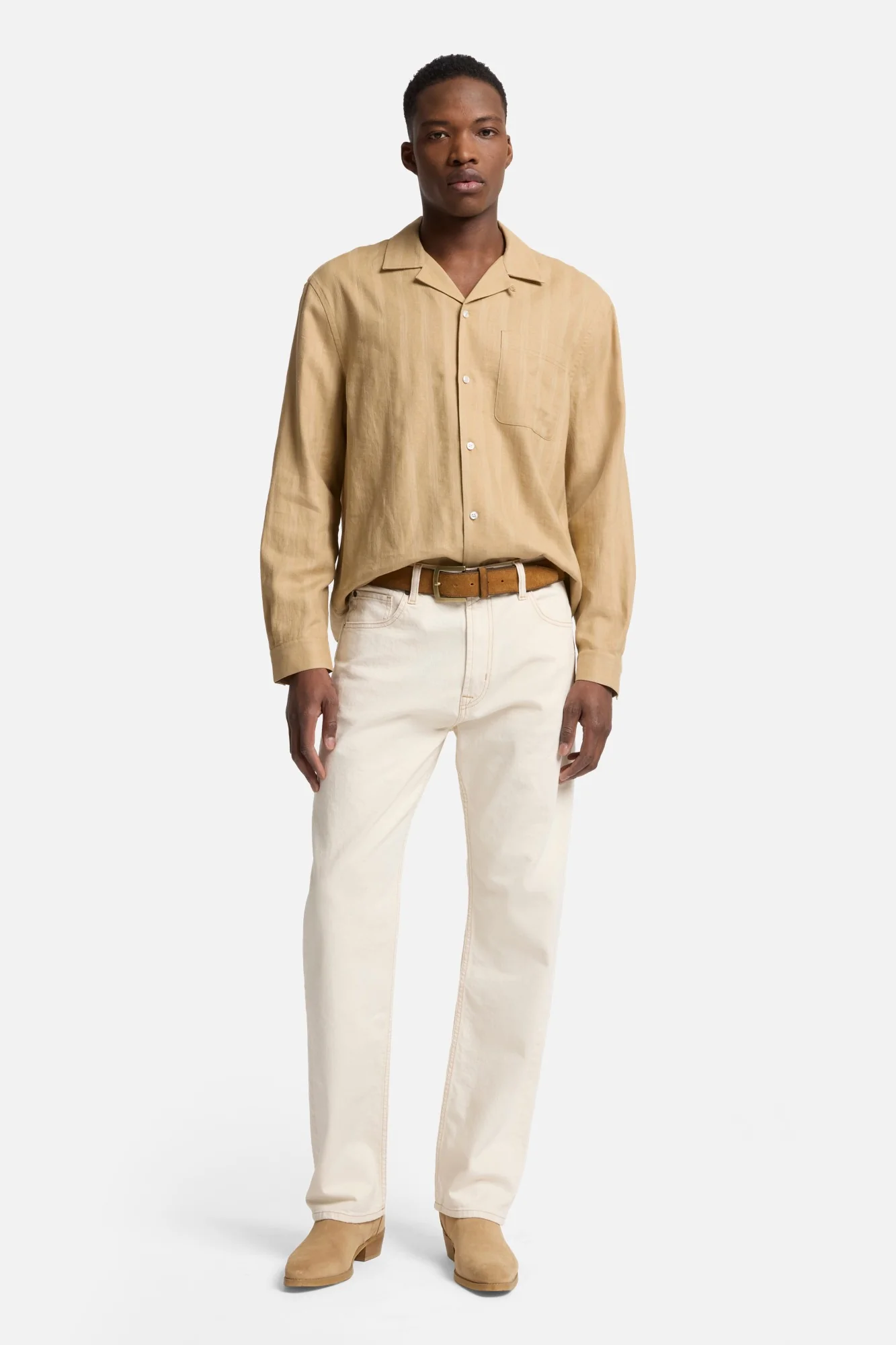 Linen Blend Long Sleeve Camp Shirt in Beige - Image 2