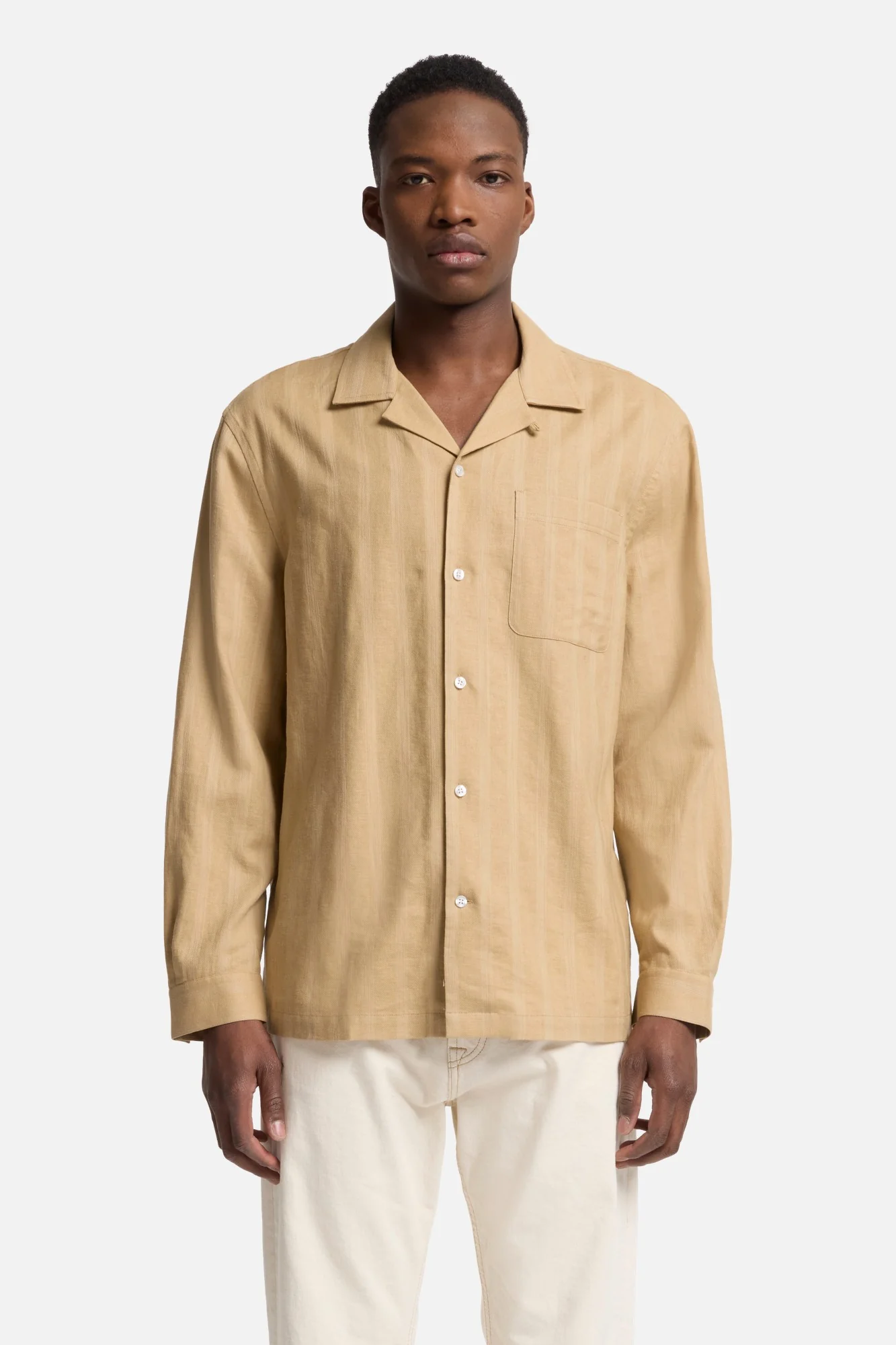 Linen Blend Long Sleeve Camp Shirt in Beige - Image 3