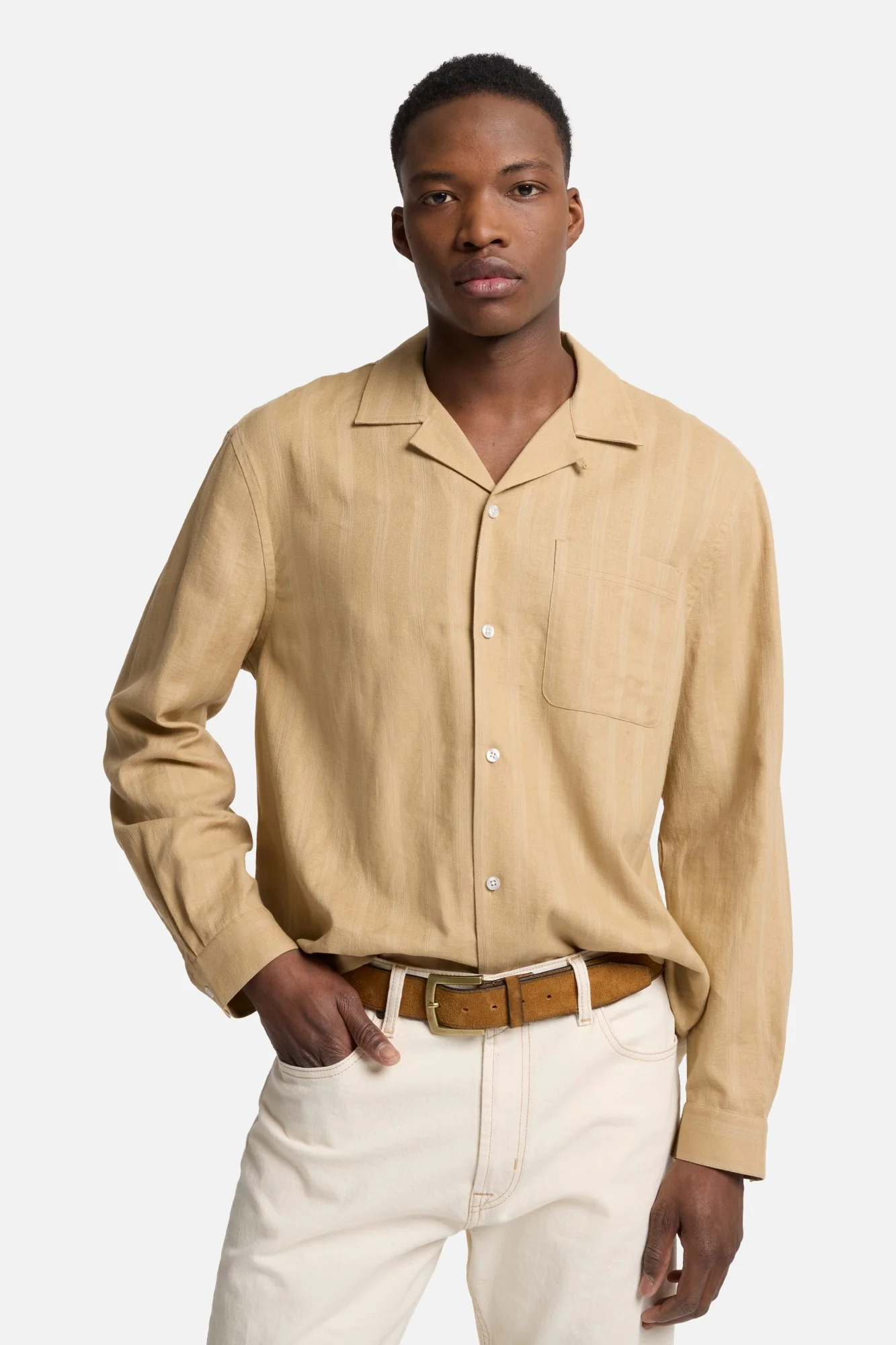 Linen Blend Long Sleeve Camp Shirt in Beige - Image 4