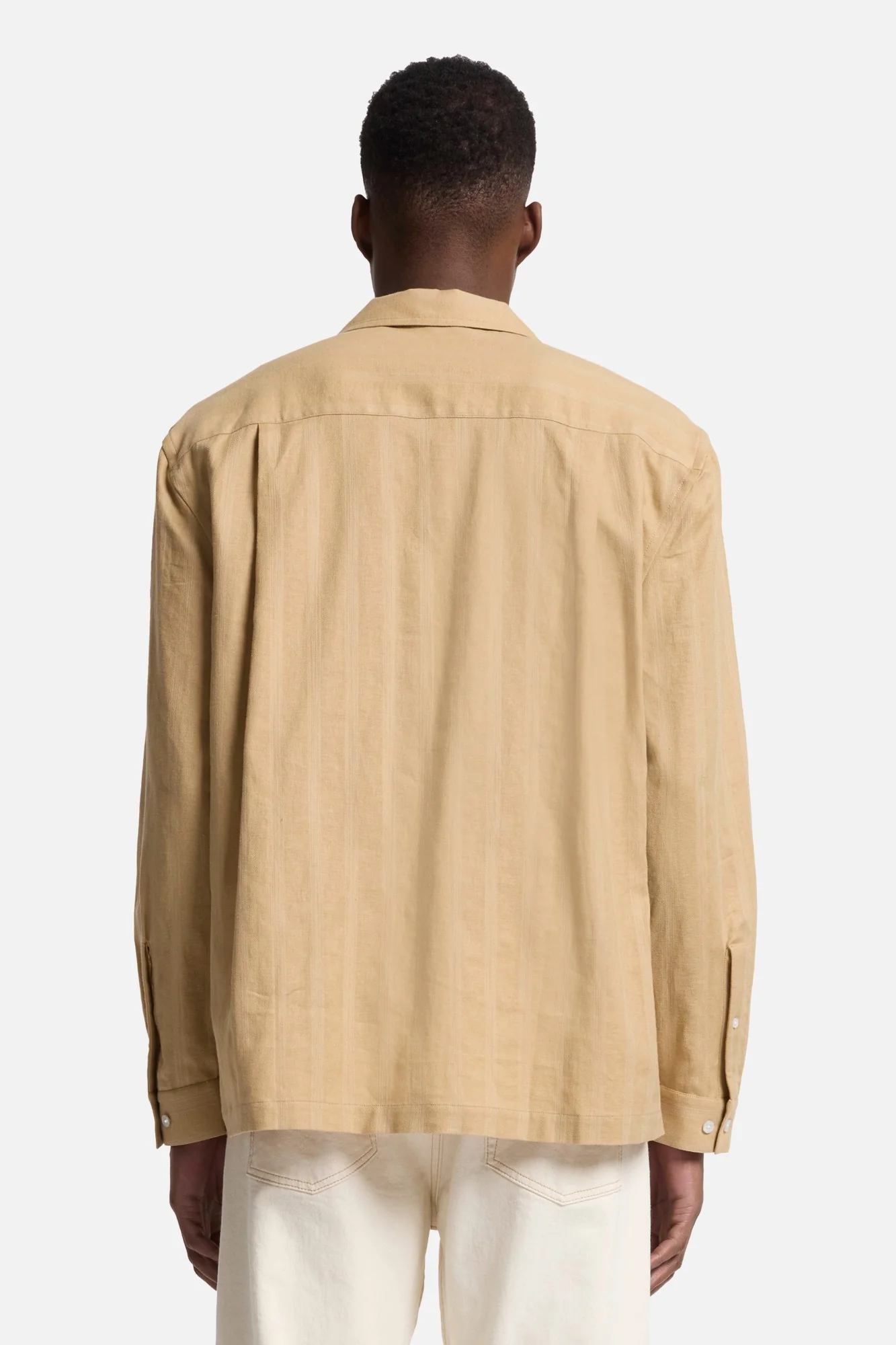 Linen Blend Long Sleeve Camp Shirt in Beige - Image 5