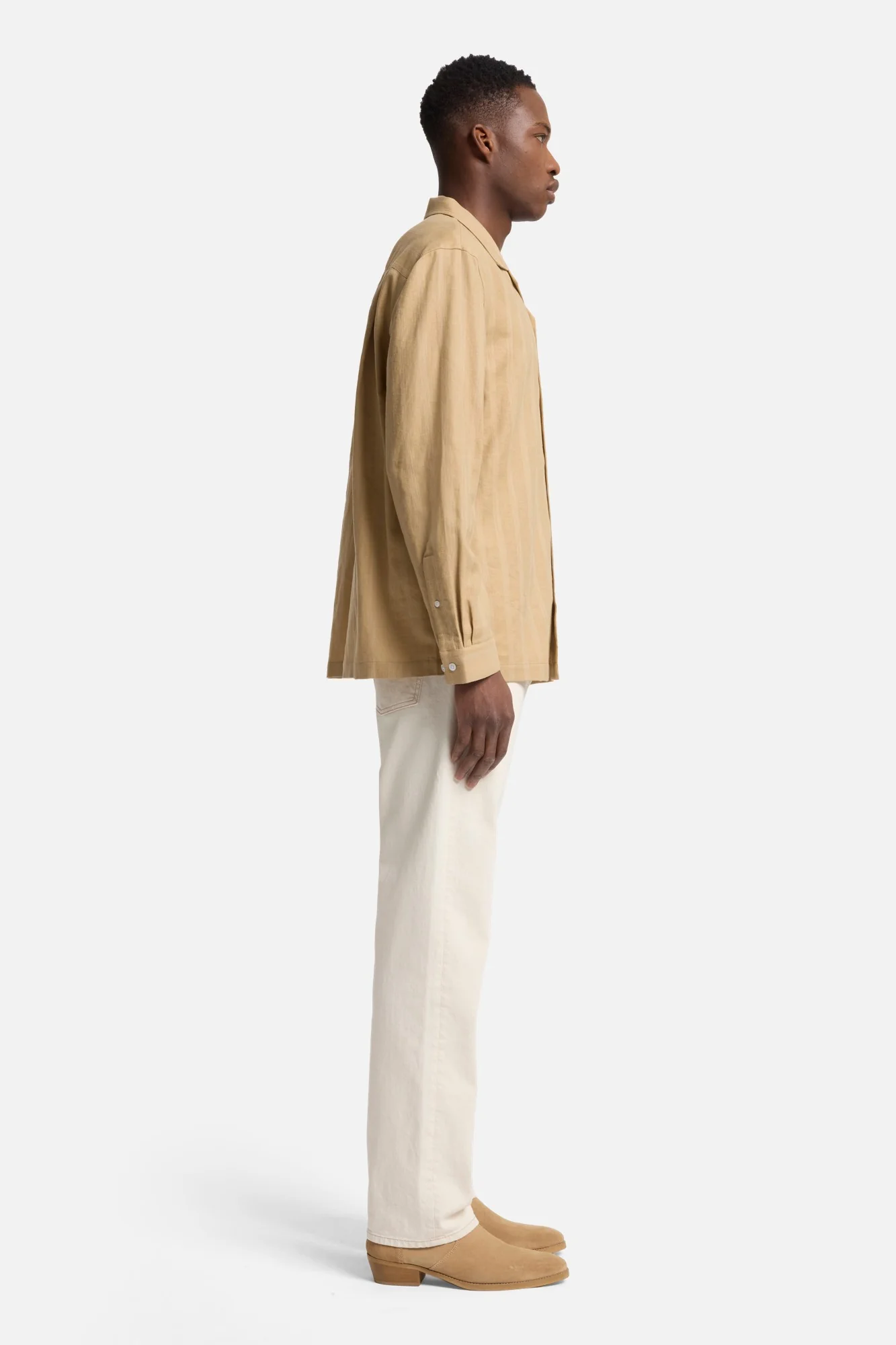 Linen Blend Long Sleeve Camp Shirt in Beige - Image 6