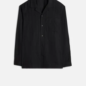 Linen Blend Long Sleeve Camp Shirt in Black