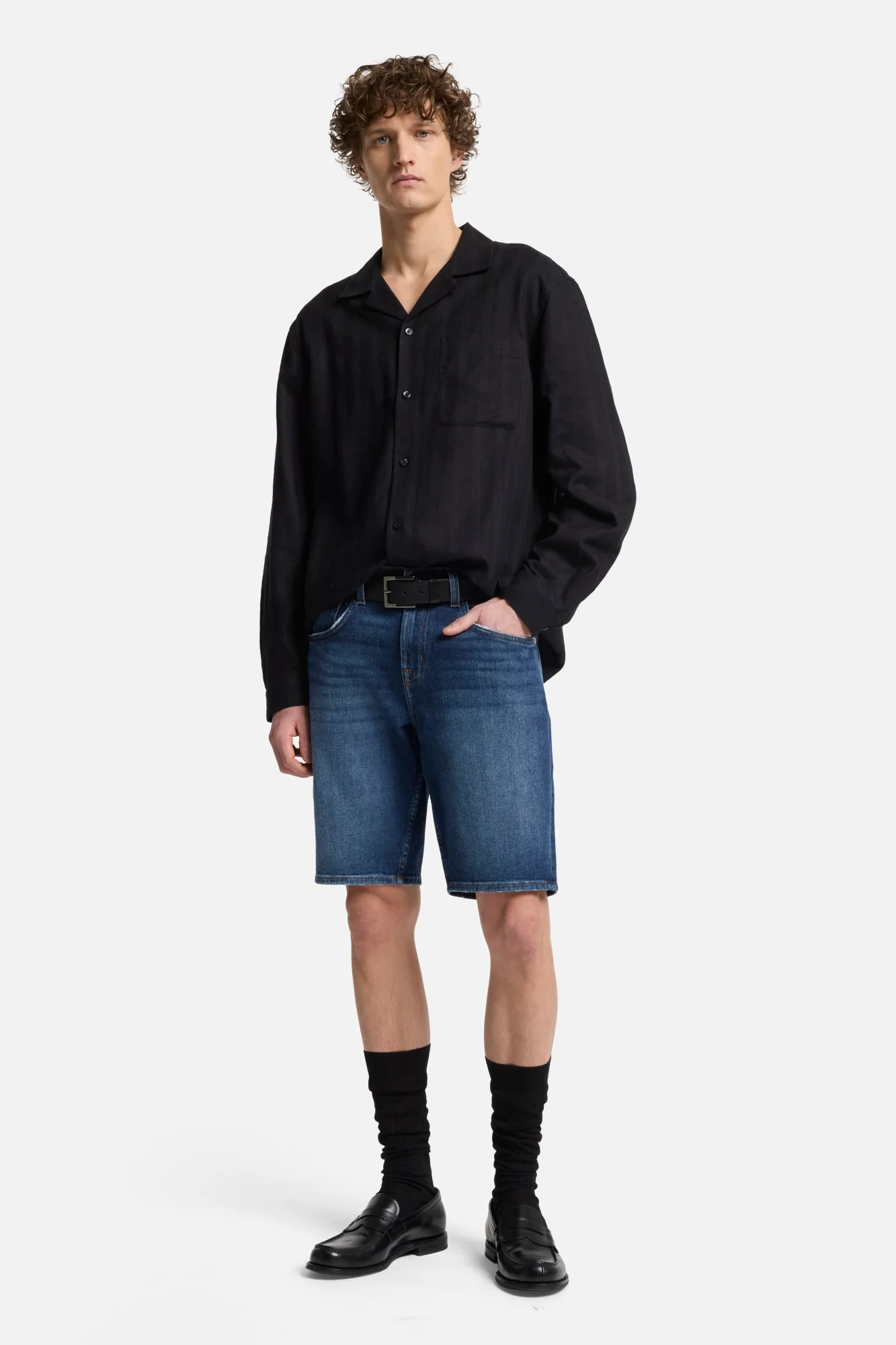 Linen Blend Long Sleeve Camp Shirt in Black - Image 2