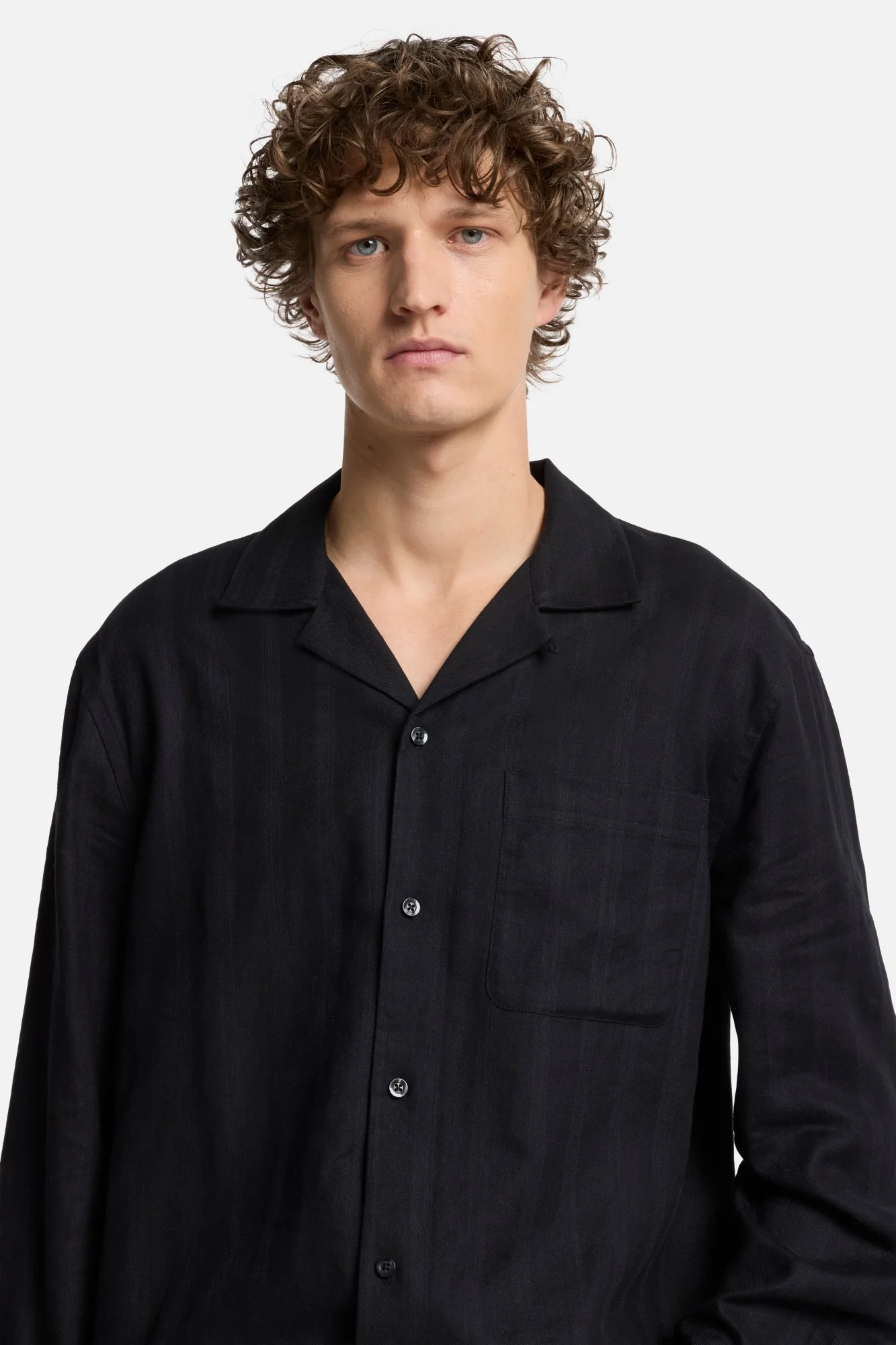 Linen Blend Long Sleeve Camp Shirt in Black - Image 4