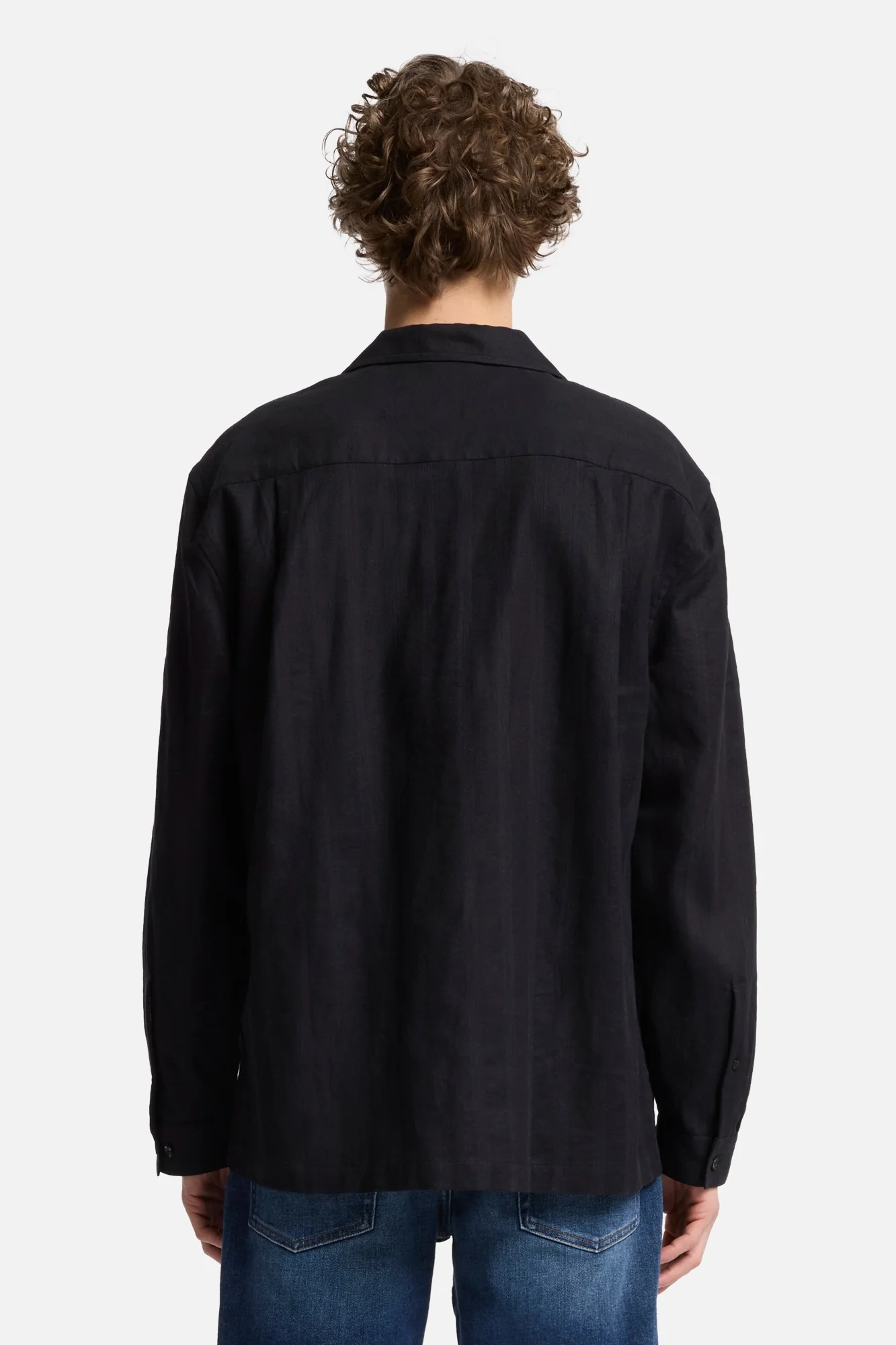 Linen Blend Long Sleeve Camp Shirt in Black - Image 5