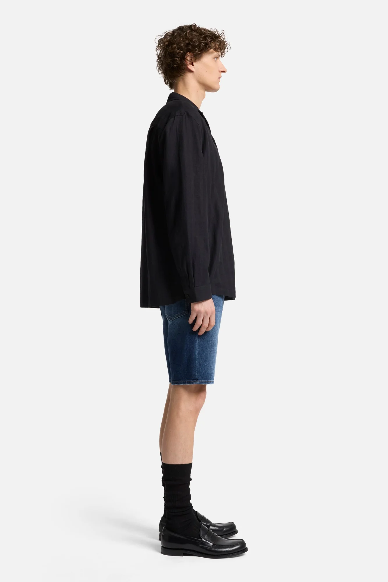 Linen Blend Long Sleeve Camp Shirt in Black - Image 6