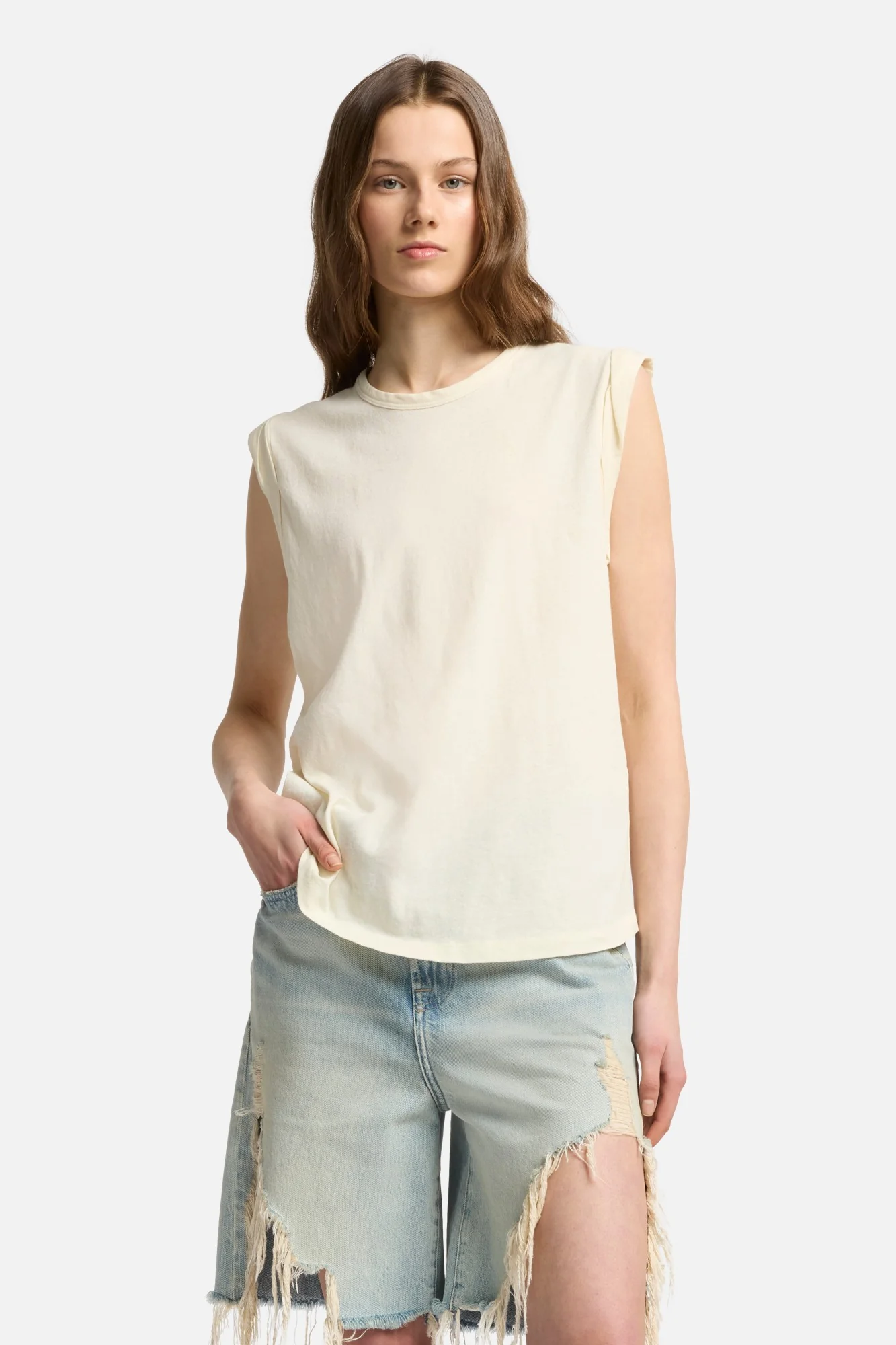 Linen Blend Muscle Tee in Ivory - Image 3