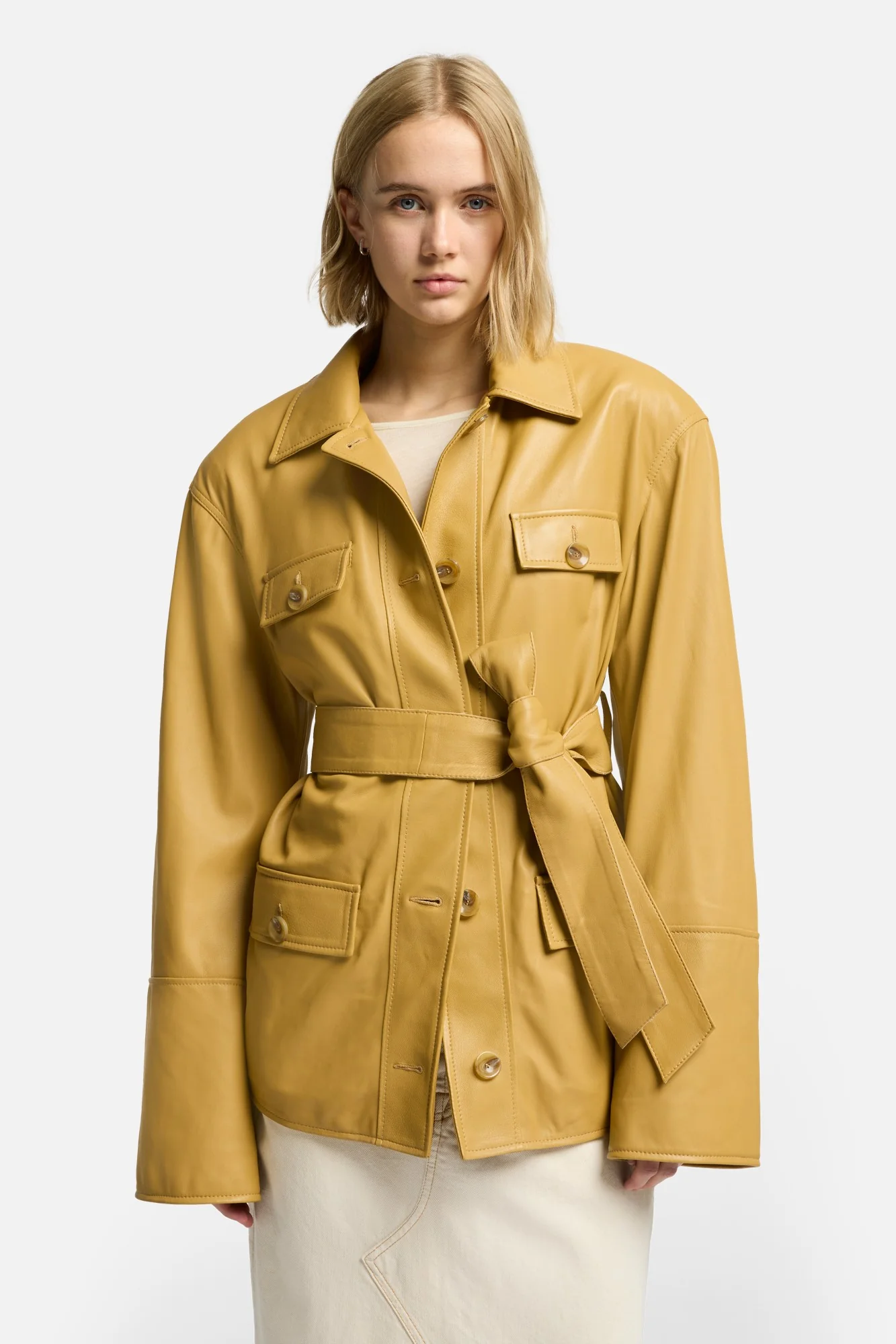 Sahariana Leather Cropped Trench in Honey - Image 3