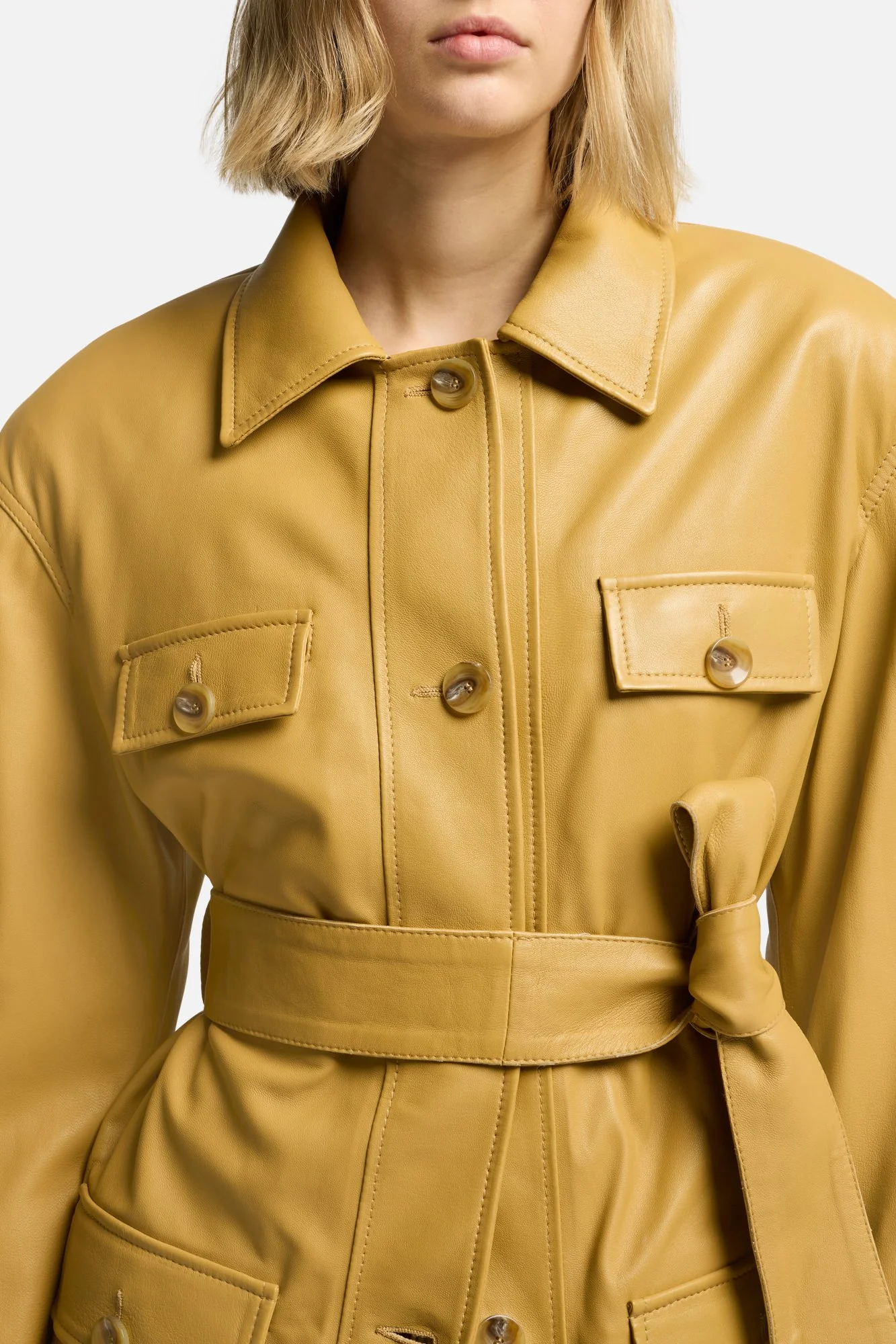Sahariana Leather Cropped Trench in Honey - Image 4