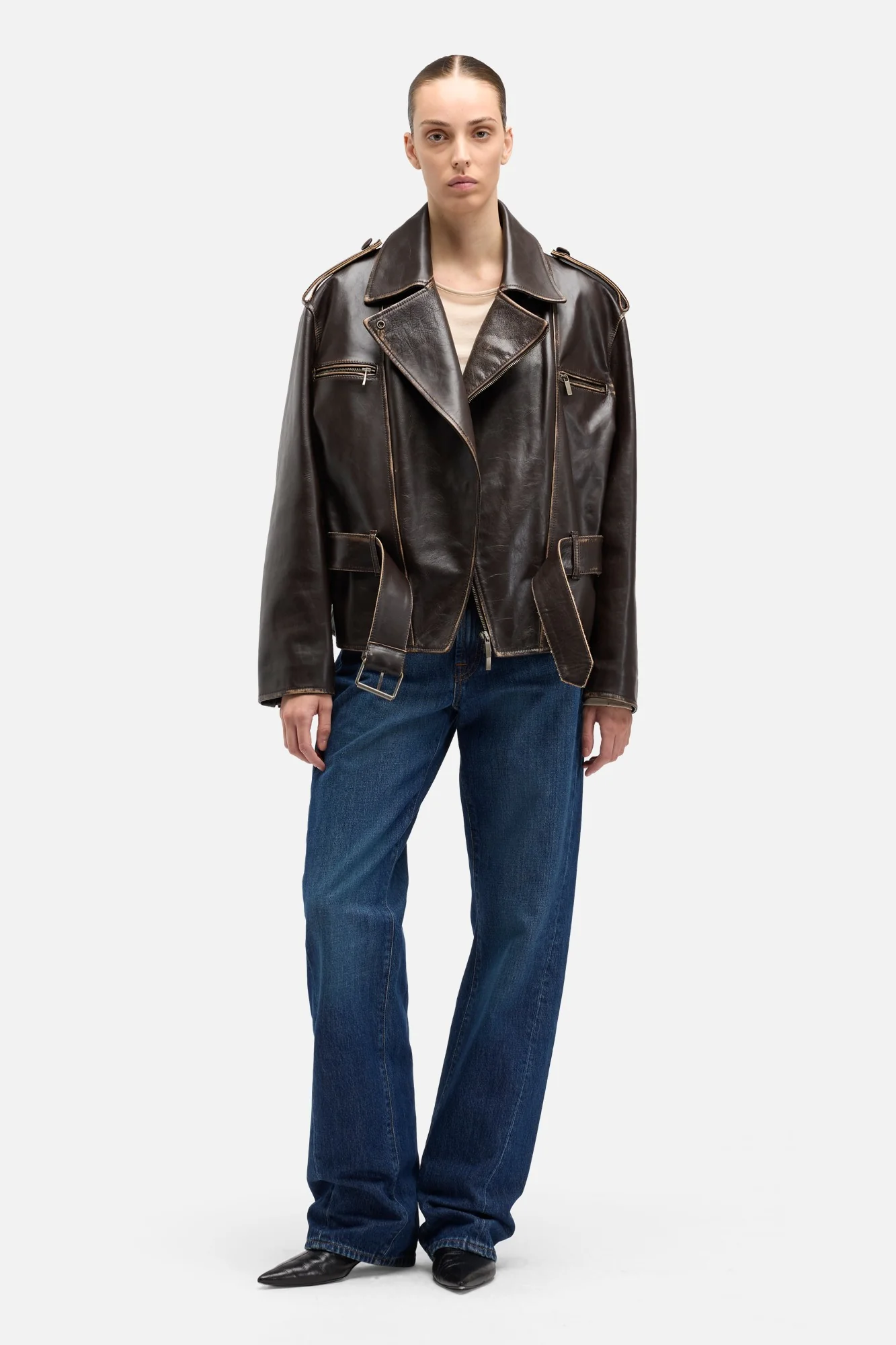 Leather Biker Jacket in Vintage Brown - Image 2