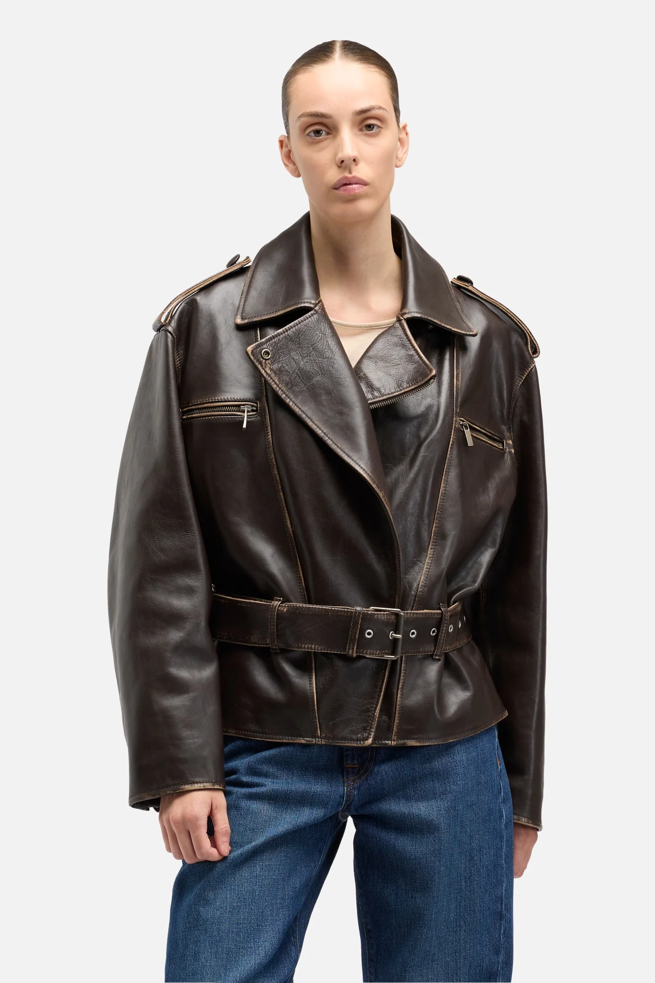 Leather Biker Jacket in Vintage Brown - Image 3