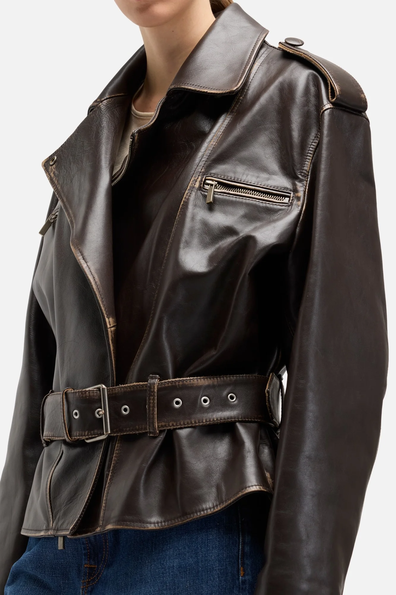 Leather Biker Jacket in Vintage Brown - Image 4