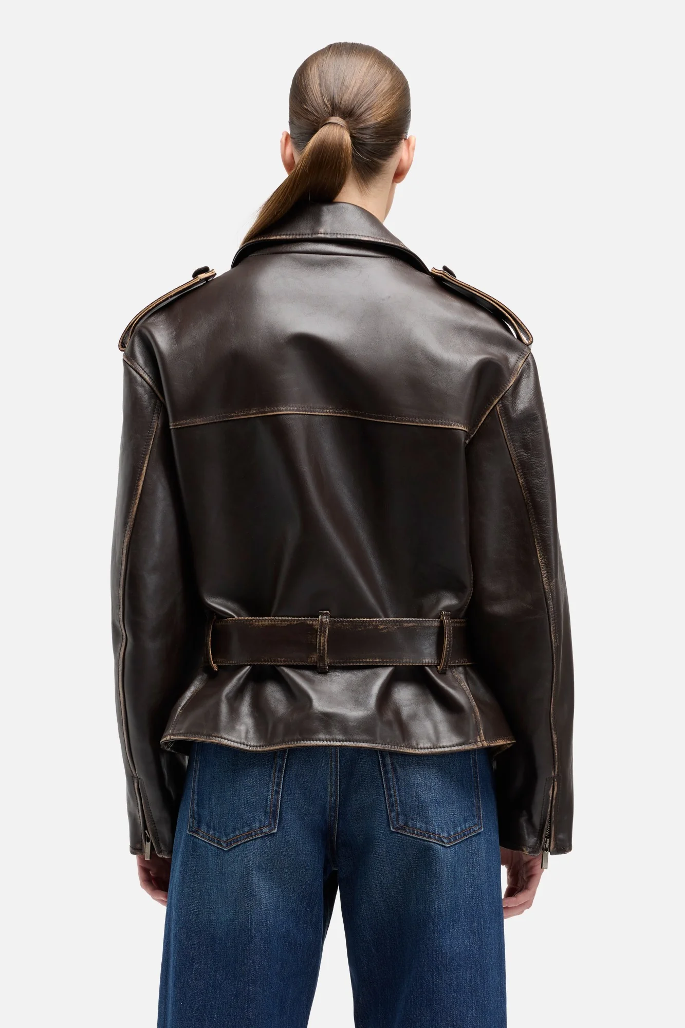 Leather Biker Jacket in Vintage Brown - Image 5