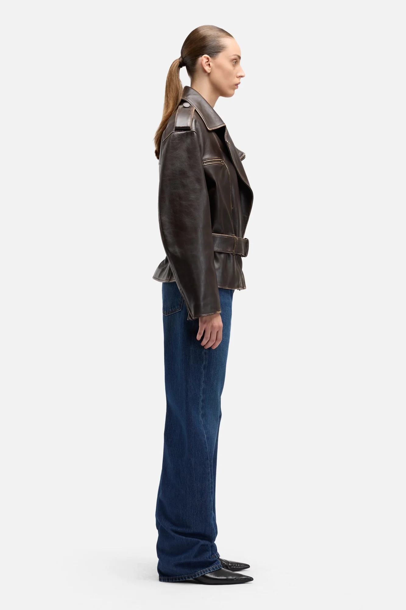 Leather Biker Jacket in Vintage Brown - Image 6