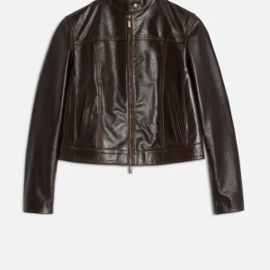 CROPPED BIKER JACKET in Leather Vintage Brown