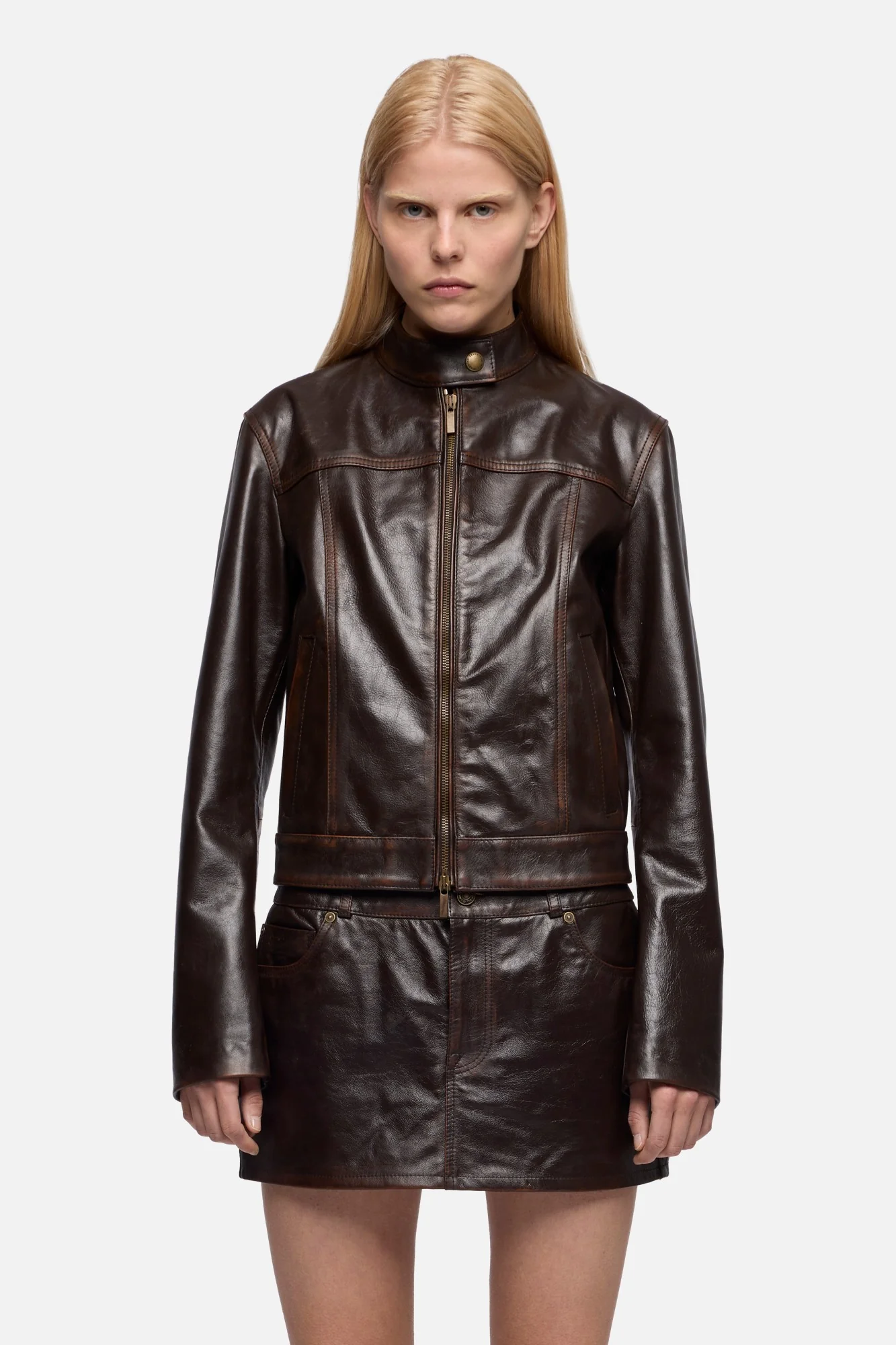 CROPPED BIKER JACKET in Leather Vintage Brown - Image 3