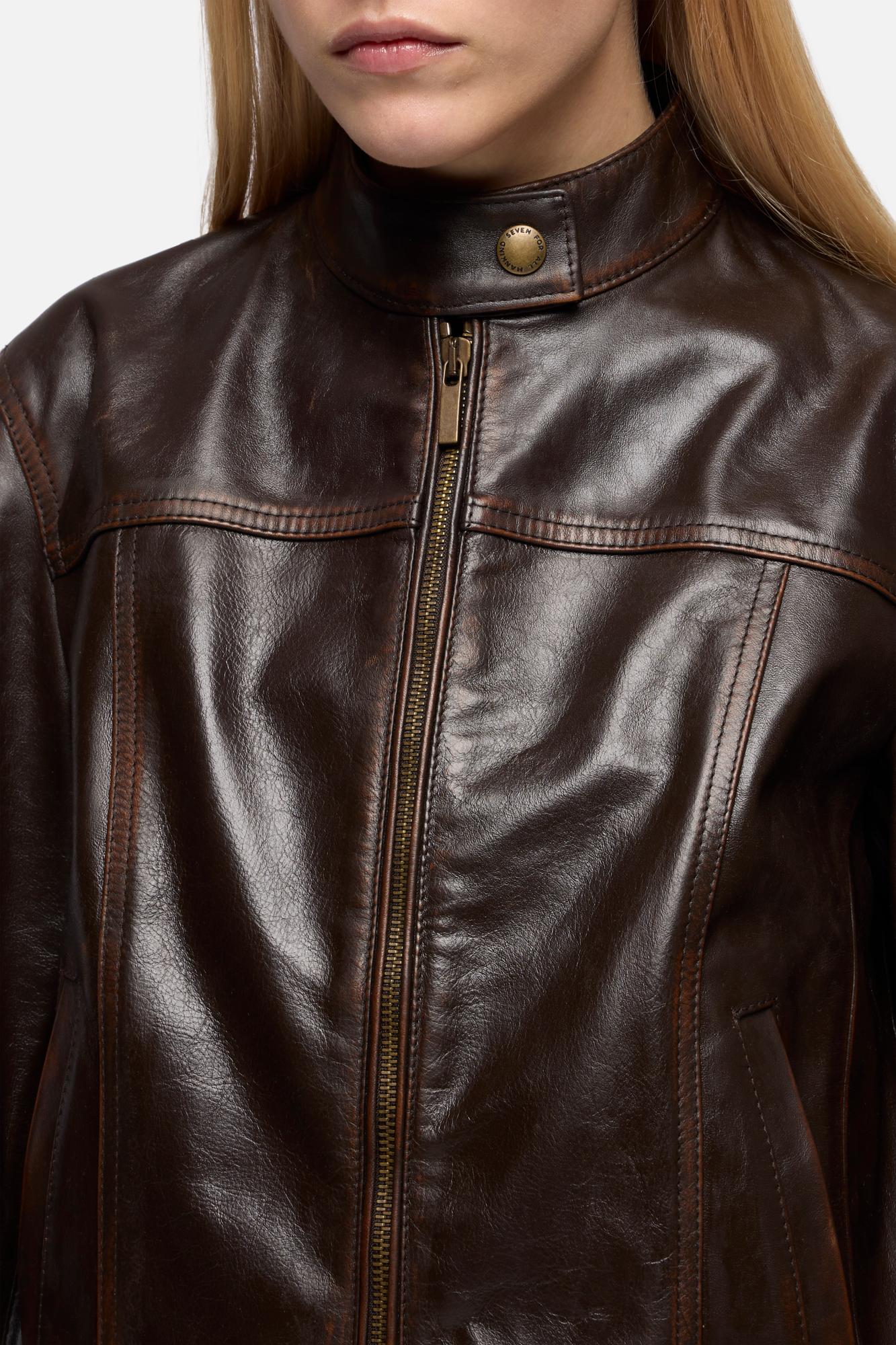 CROPPED BIKER JACKET in Leather Vintage Brown - Image 4