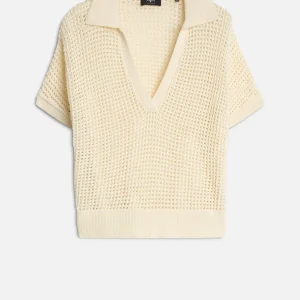 Short Sleeve Open Knit Polo in Oatmeal