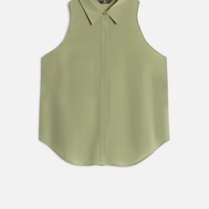 Sleeveless Silk Button Down in Army
