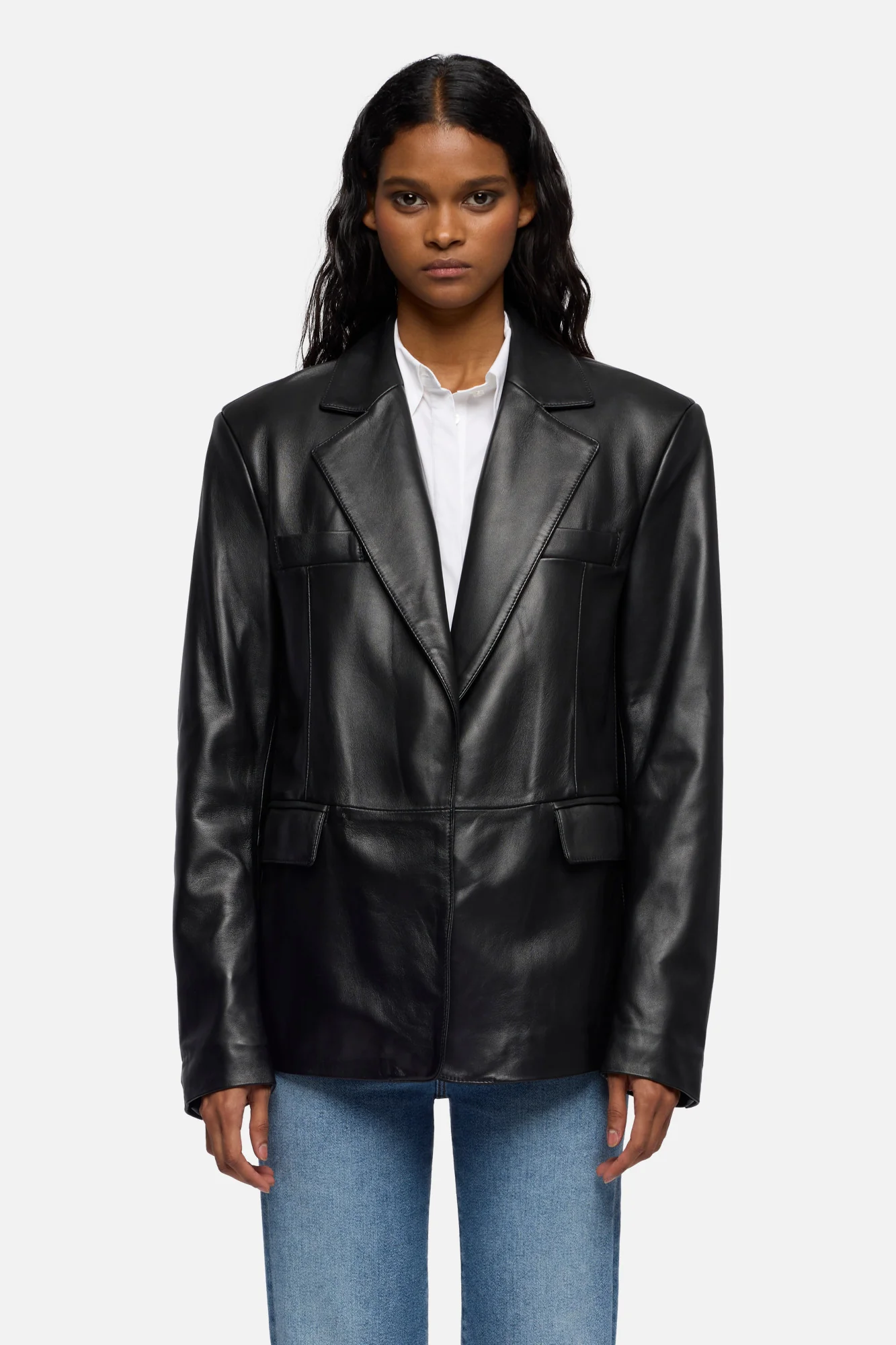 Italian Leather Blazer in Black - Image 3