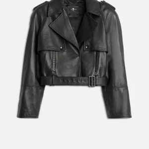 Italian Leather Cropped Moto Jacket in Black