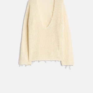 Deep V-Neck Open Knit Pullover in Ecru