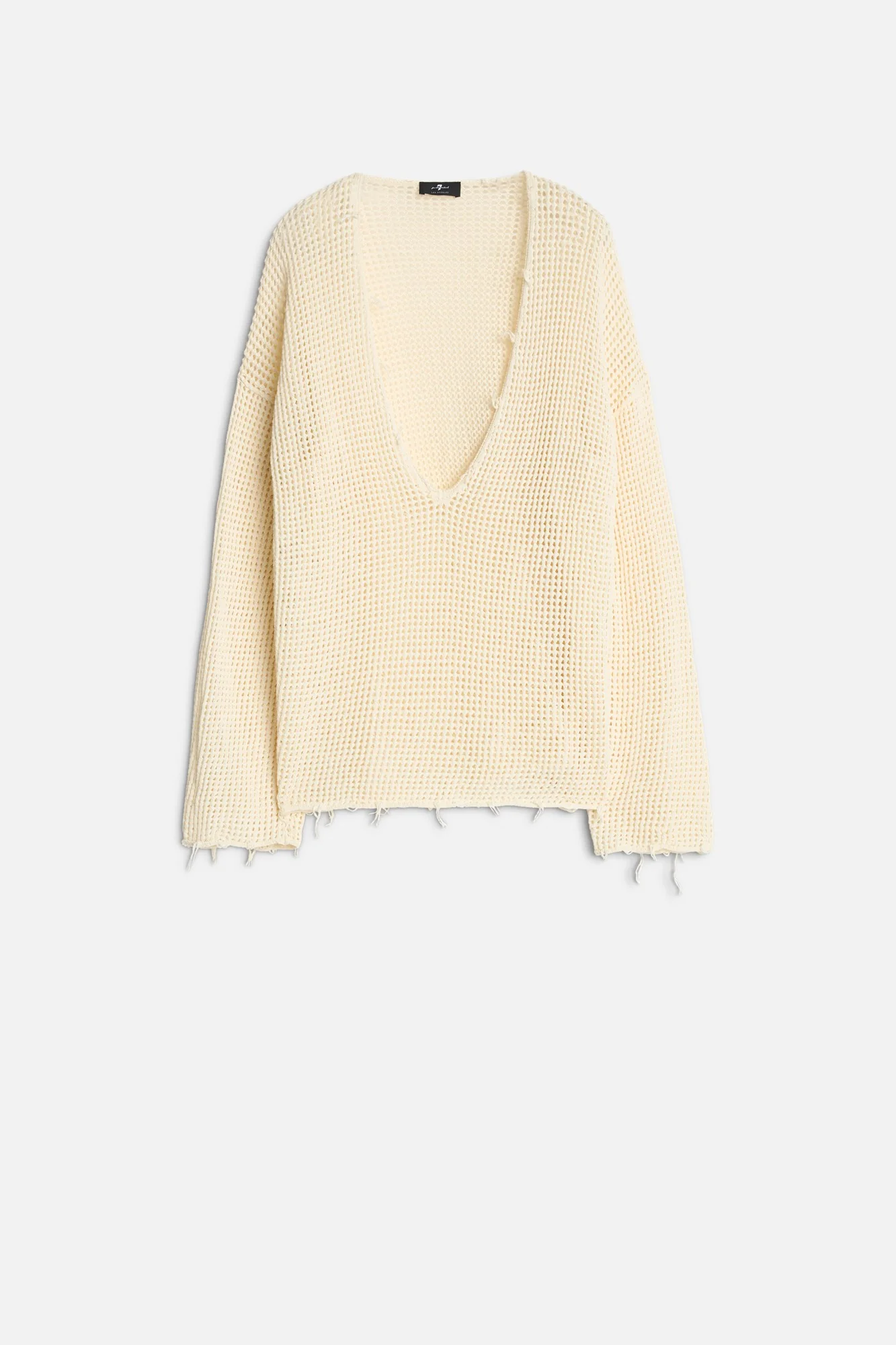 Deep V-Neck Open Knit Pullover in Ecru