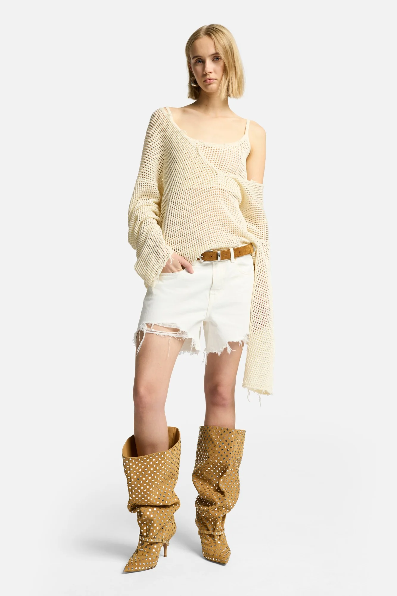 Deep V-Neck Open Knit Pullover in Ecru - Image 2