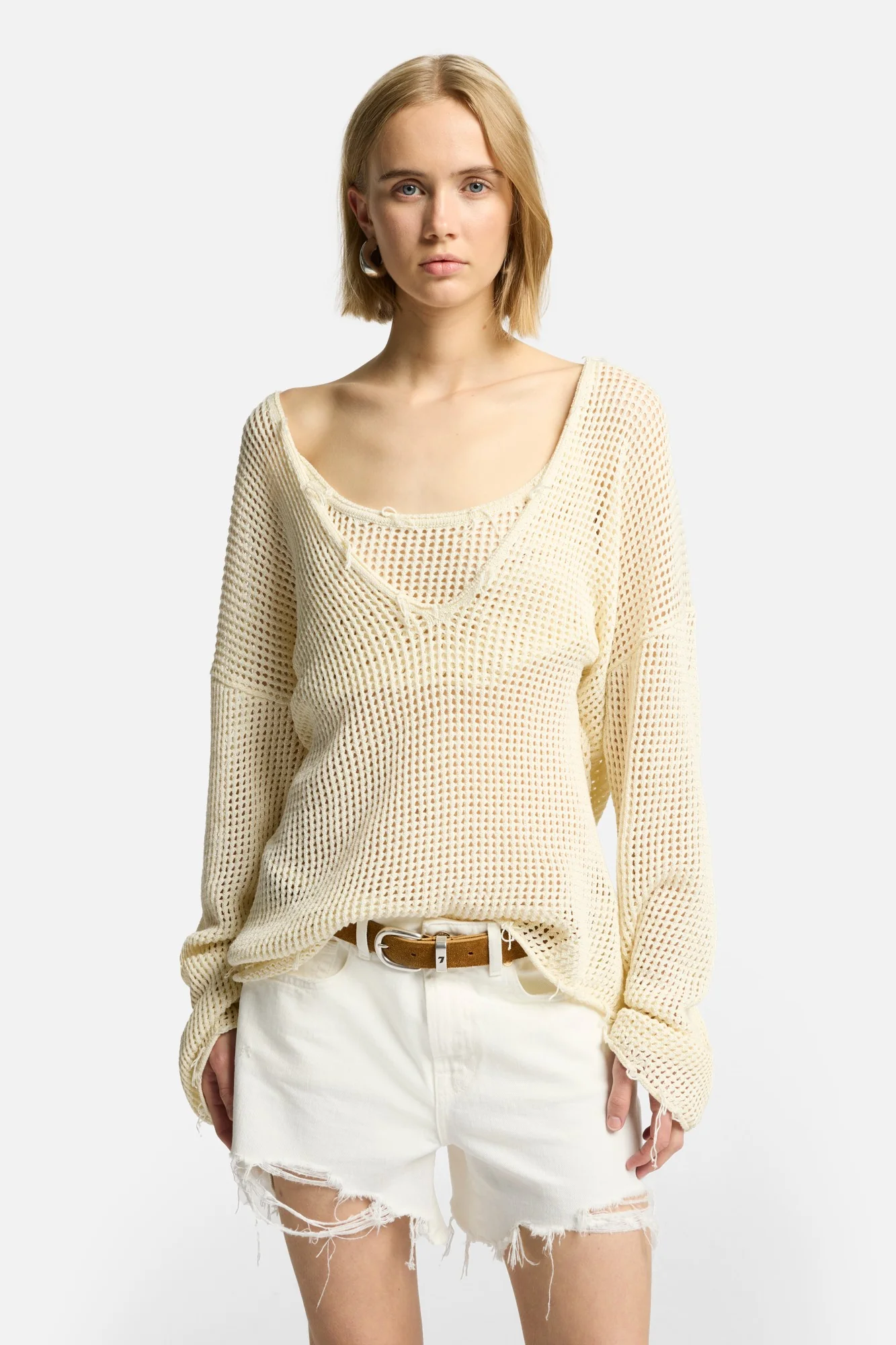 Deep V-Neck Open Knit Pullover in Ecru - Image 3