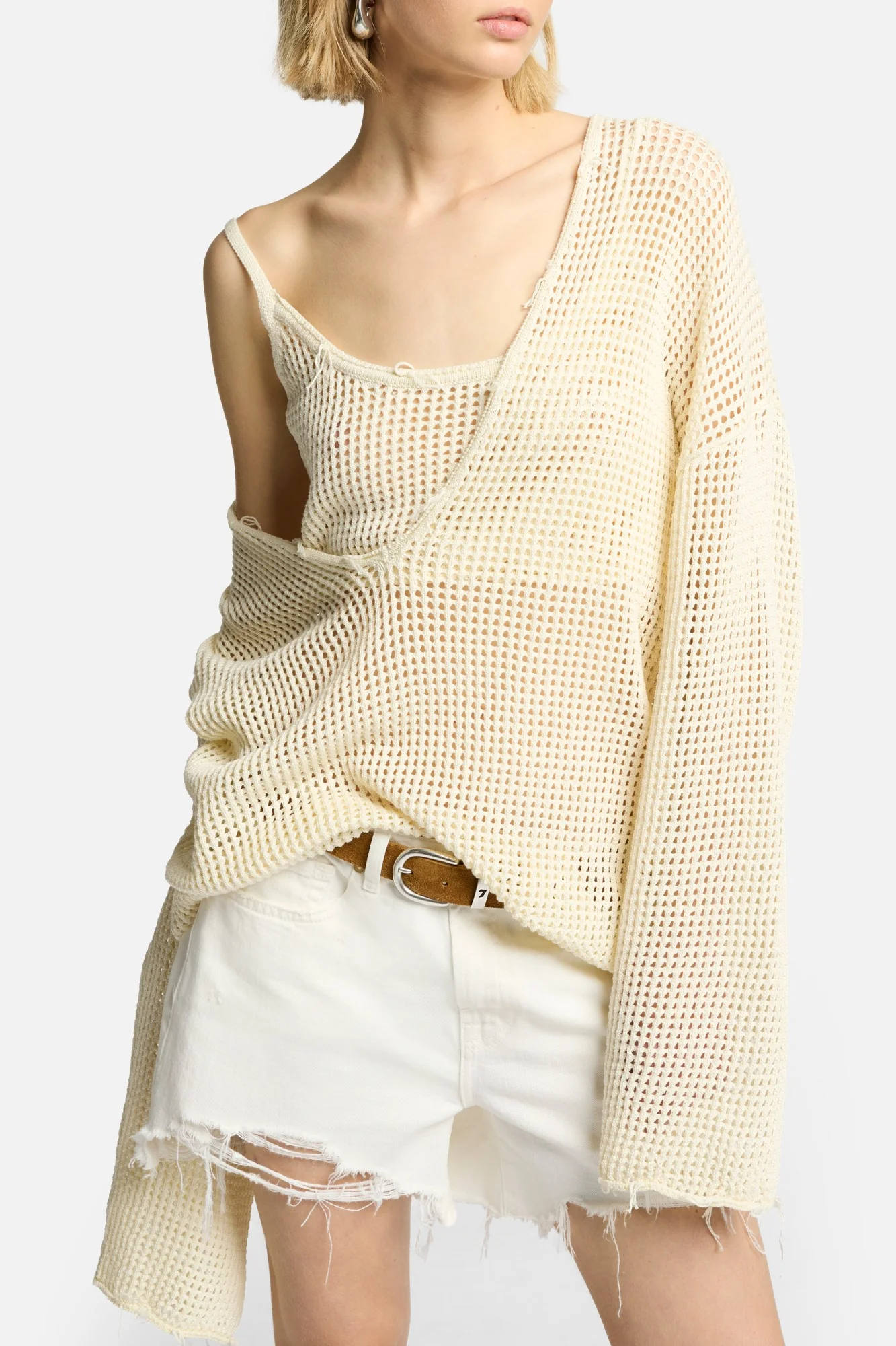 Deep V-Neck Open Knit Pullover in Ecru - Image 4