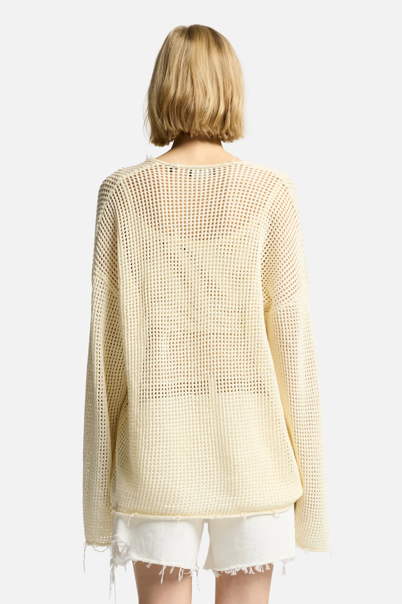 Deep V-Neck Open Knit Pullover in Ecru - Image 5