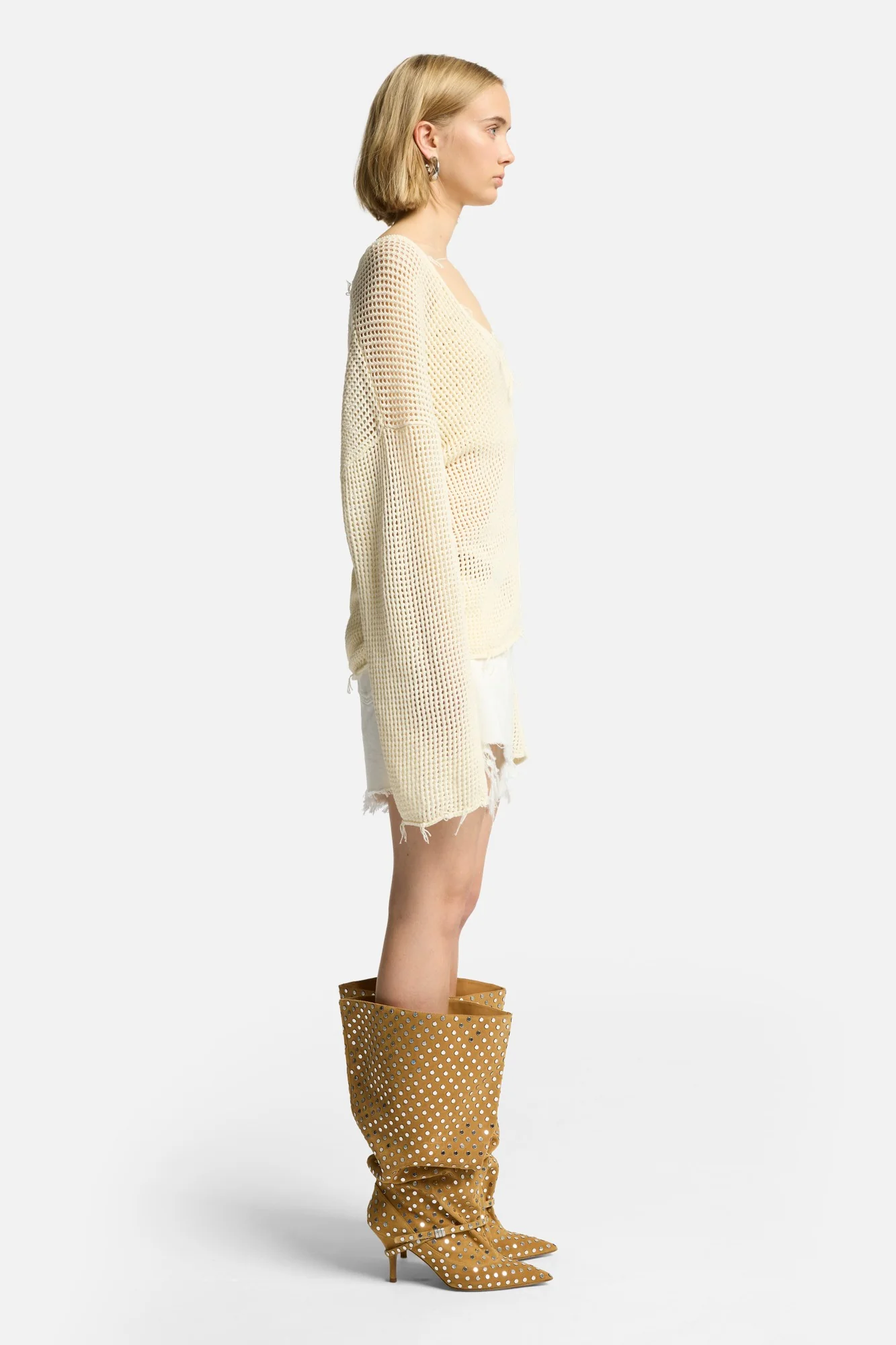 Deep V-Neck Open Knit Pullover in Ecru - Image 6