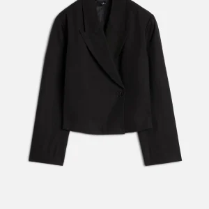 Cropped Linen Blend Blazer in Black
