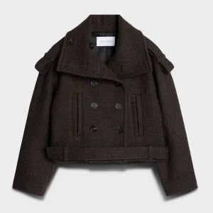 DOUBLE BREASTED HIGH NECK SHORT COAT in Wool Chestnut