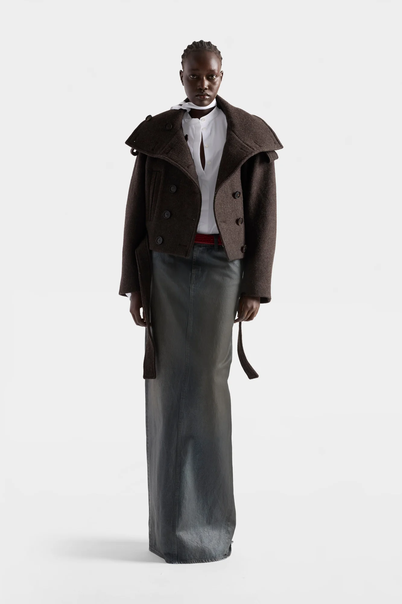 DOUBLE BREASTED HIGH NECK SHORT COAT in Wool Chestnut - Image 2
