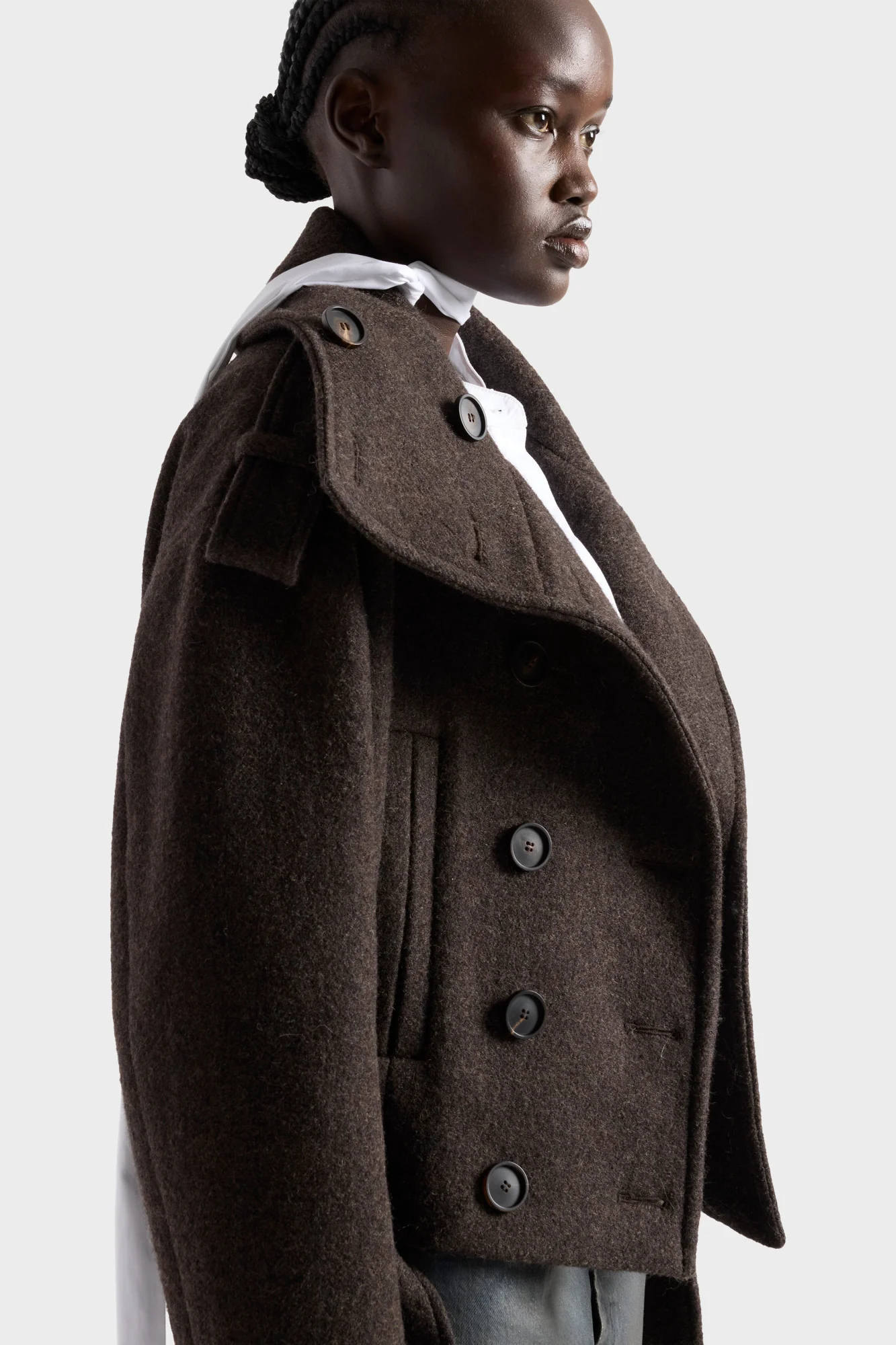 DOUBLE BREASTED HIGH NECK SHORT COAT in Wool Chestnut - Image 6