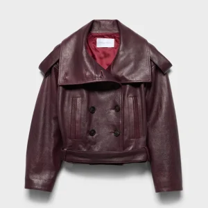 DOUBLE BREASTED HIGH NECK SHORT COAT in Leather Black Cherry