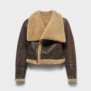 HIGH COLLAR SHEARLING JACKET in Leather Walnut