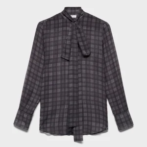 LONG SLEEVE BOW SHIRT in Silk Houndstooth Grey