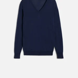 Silk Blend V-Neck Pullover in Navy