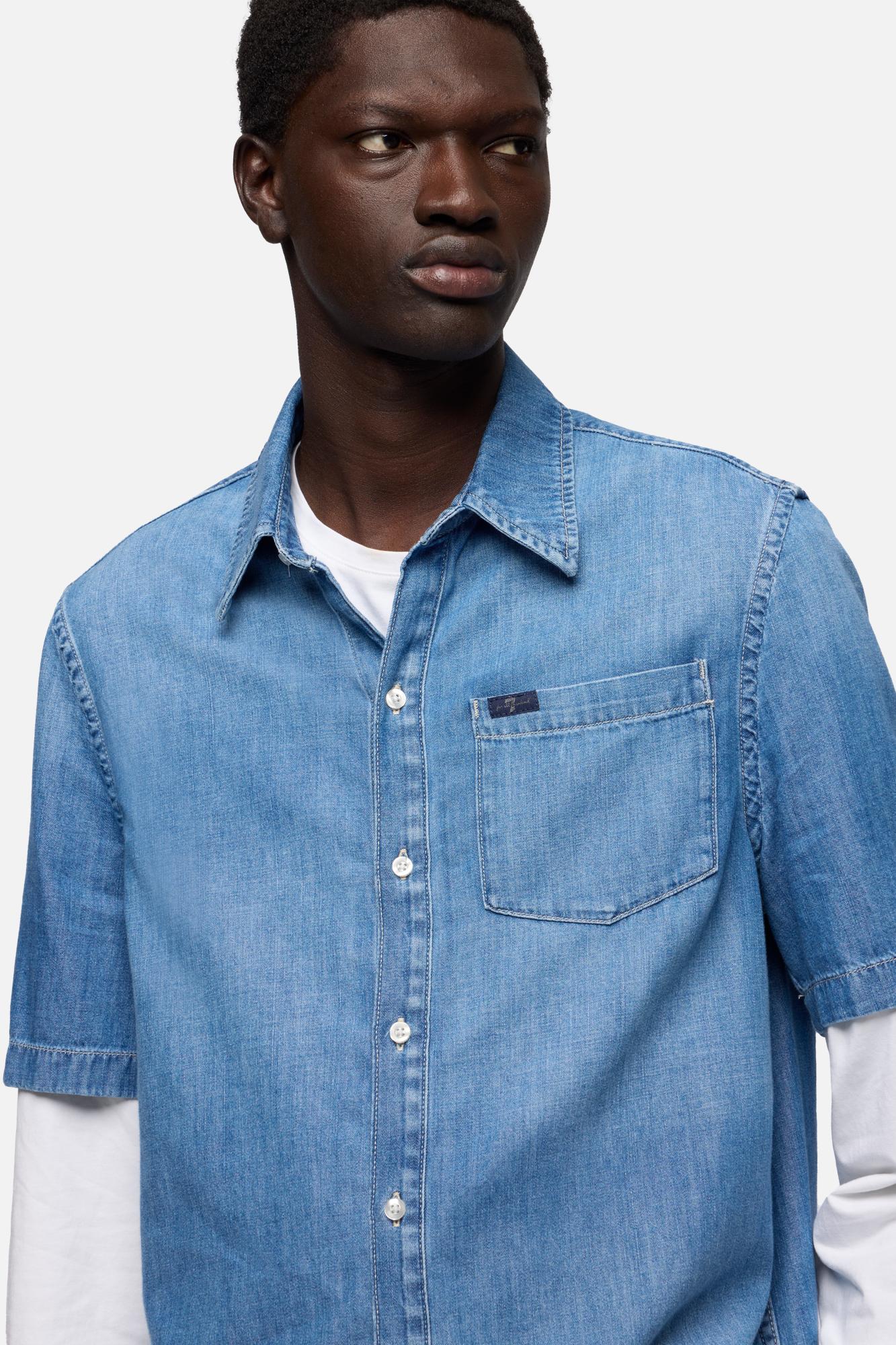 SHORT SLEEVE BUTTON UP SHIRT in Denim Gold River - Image 4