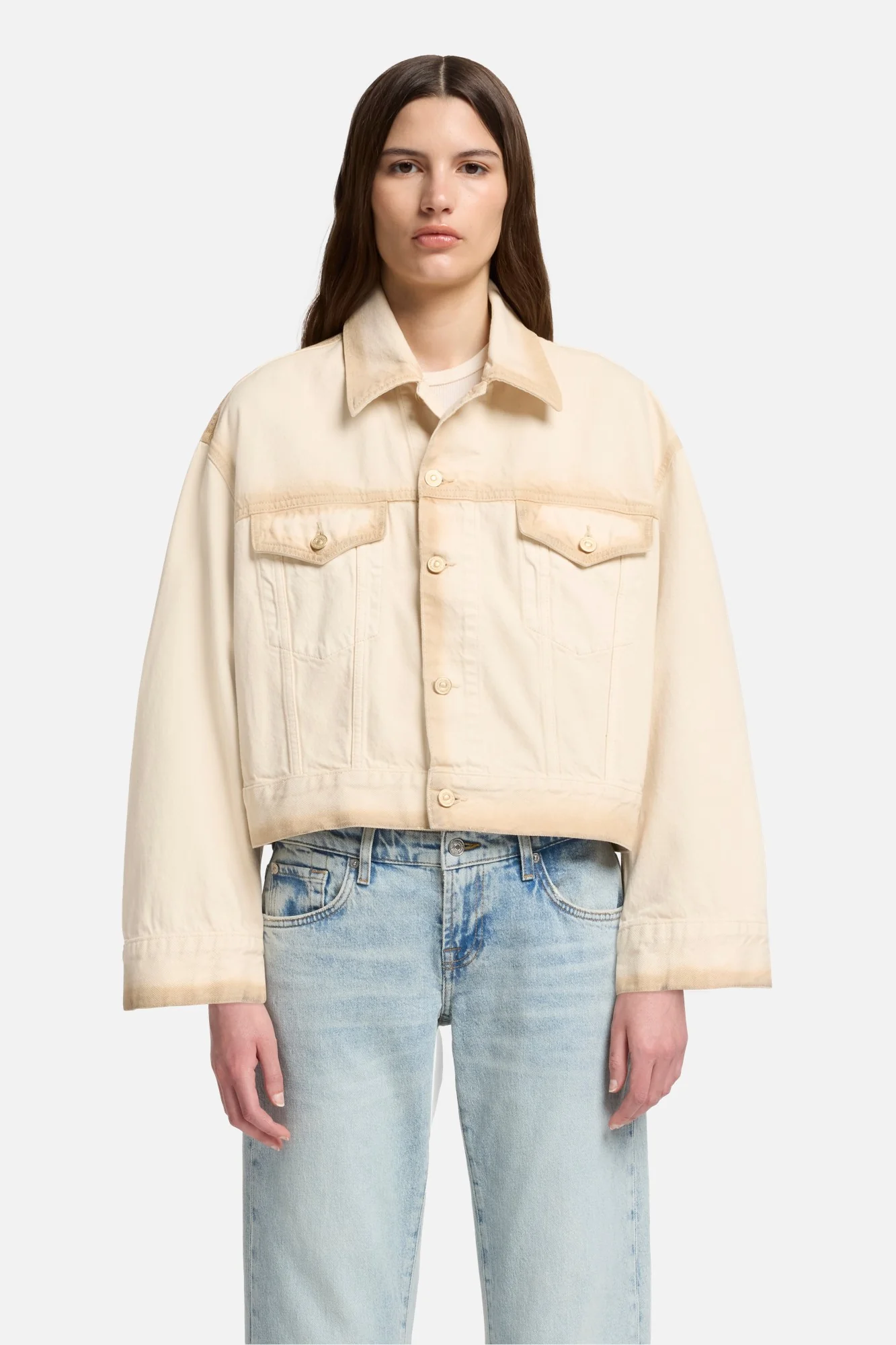 MANKIND Oli Cropped Trucker Jacket in Sand Beach - Image 3